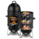 HAOYYE Vertical Steel Charcoal Smoker with Thermometer, 3-Layer Heavy Duty BBQ Grill Smoker Cooker for Outdoor Cooking, Black Barrel BBQ Grill with Adjustable Vents and Large Capacity